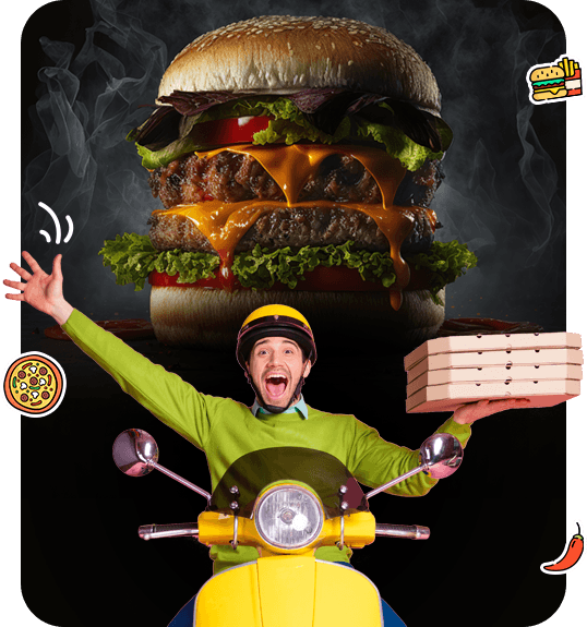 Delivery person on yellow scooter with giant burger
