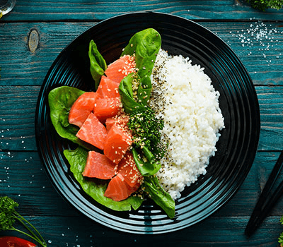 Salmon rice bowl with sesame seeds