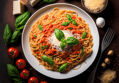 Spaghetti with tomato sauce and basil